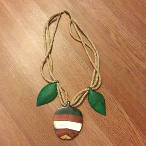 Vintage wooden decorative apple w/ leaves necklace